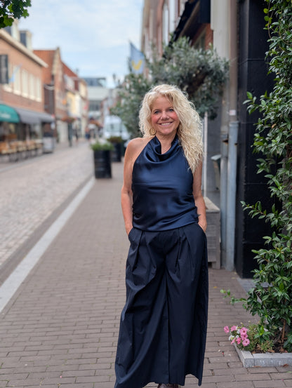 Silk top met openrug - Blauw