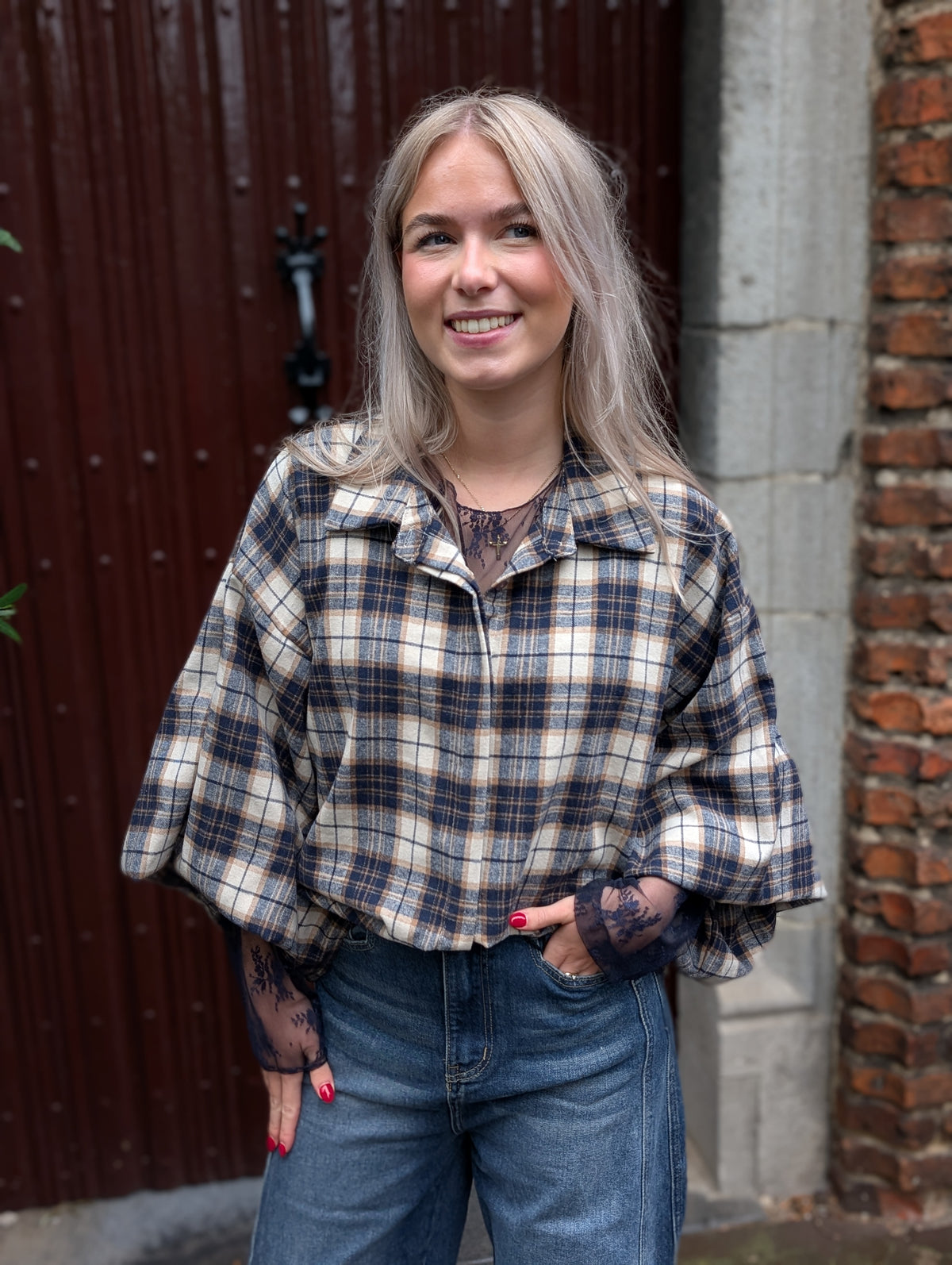Bo ruiten blouse - Blauw / ecru / camel