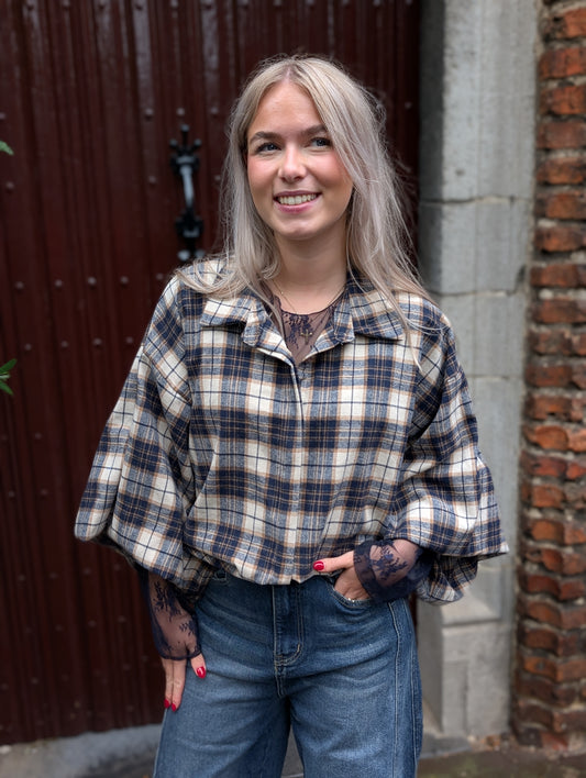 Bo ruiten blouse - Blauw / ecru / camel