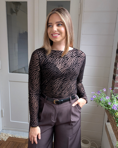 Zebra print mesh top - Bruin/Zwart