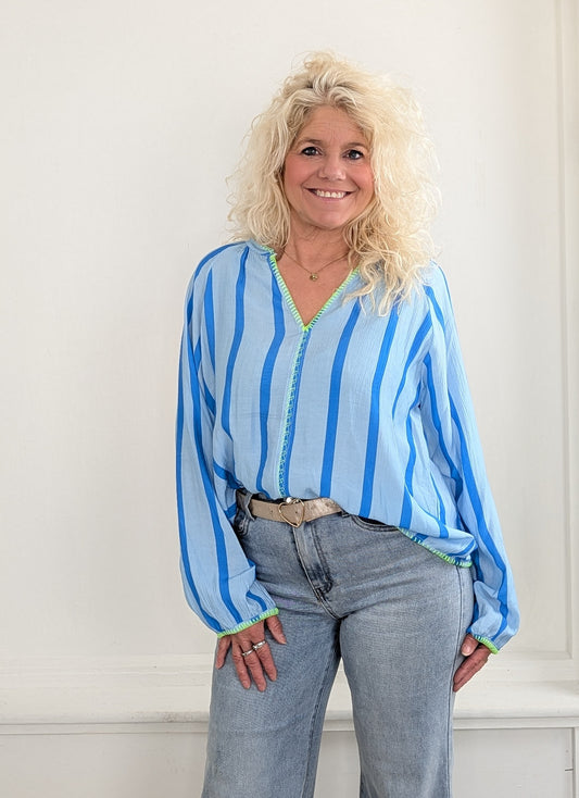 Ylay streep blouse - Lichtblauw/ kobalt/ groen