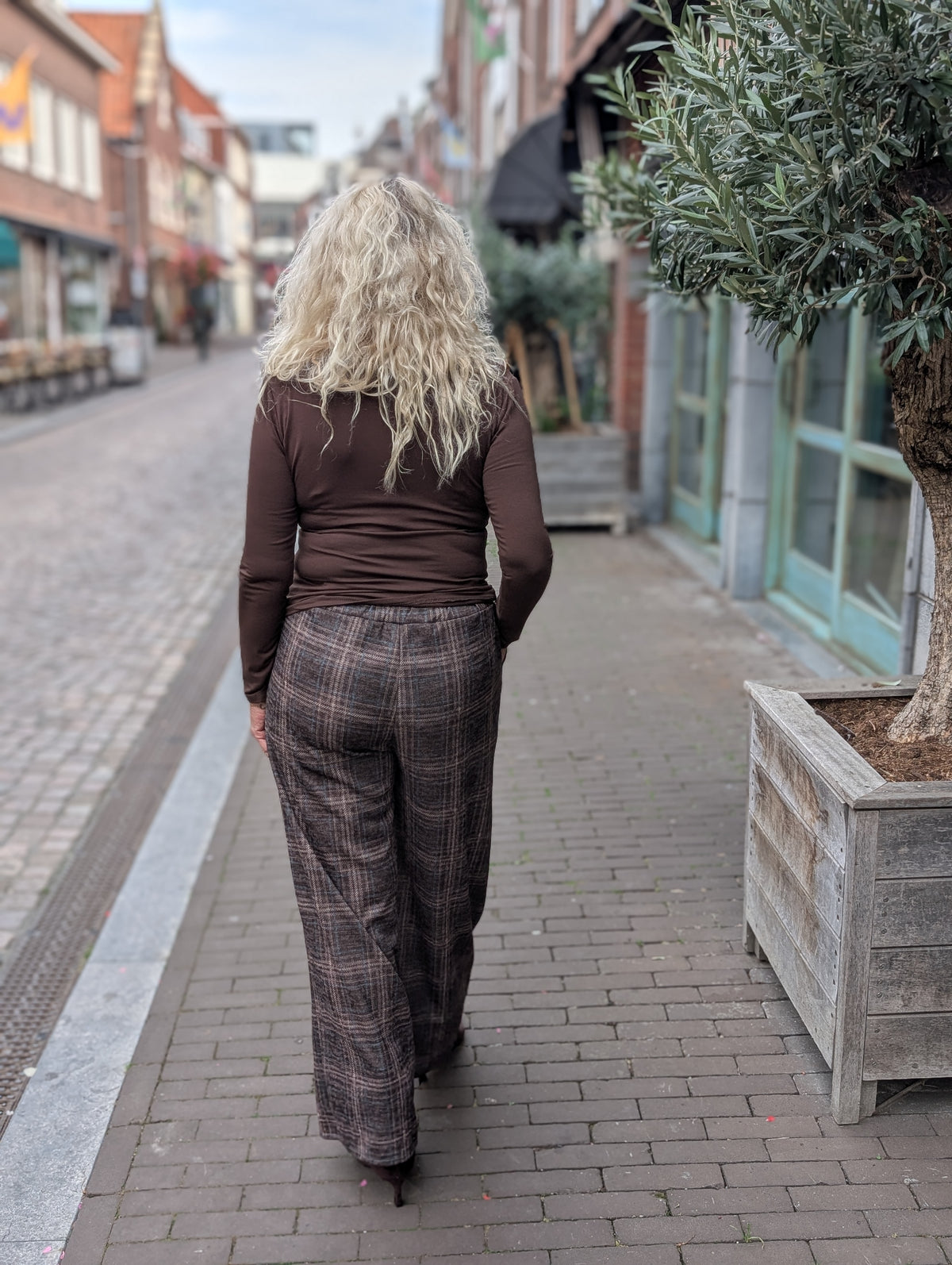 Lian Geruite pantalon met strikceintuur - Grijs / taupe / blauw