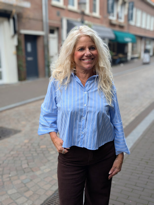 Sua korte streep blouse - Licht blauw/ wit/ bruin