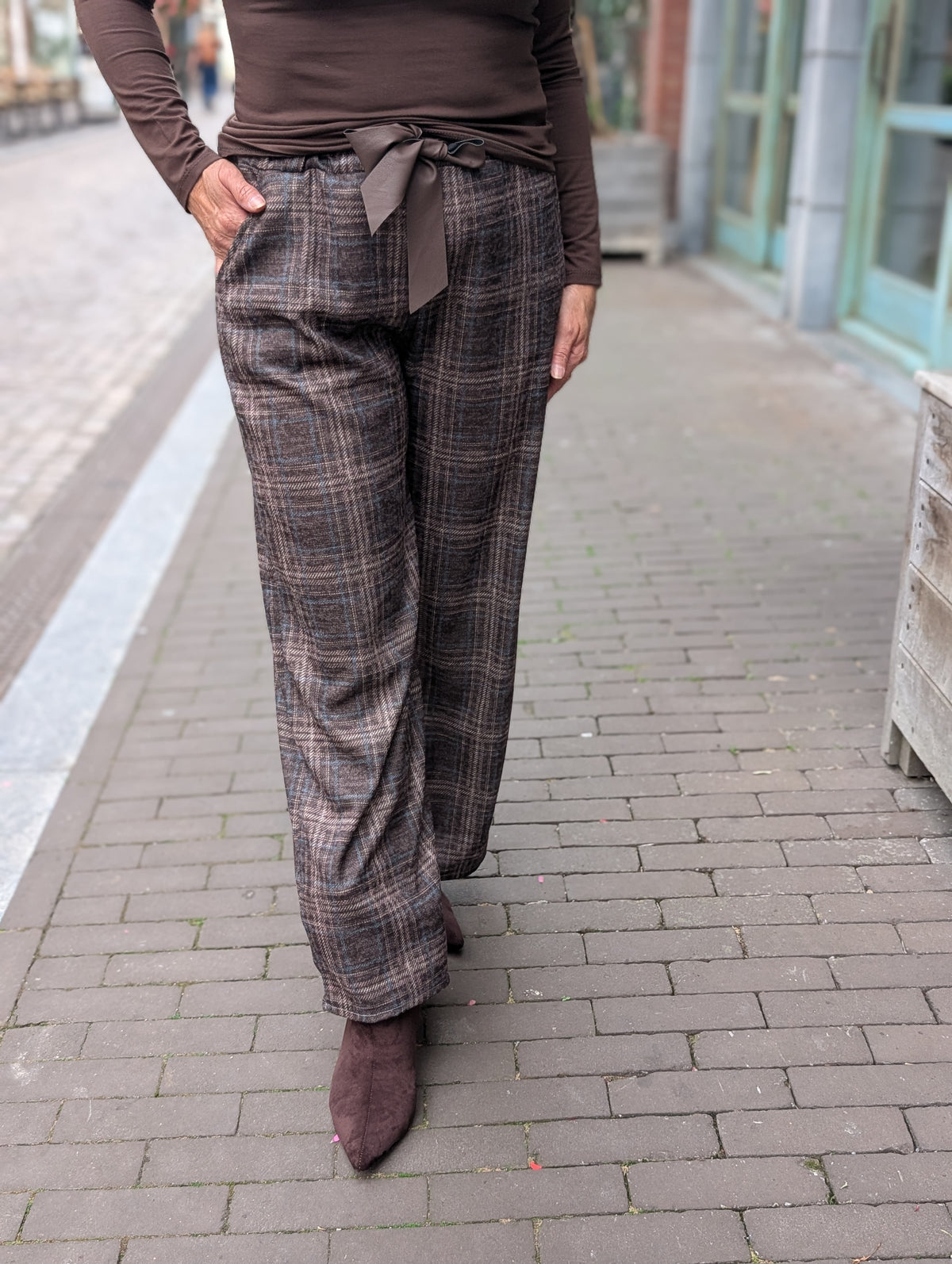 Lian Geruite pantalon met strikceintuur - Grijs / taupe / blauw