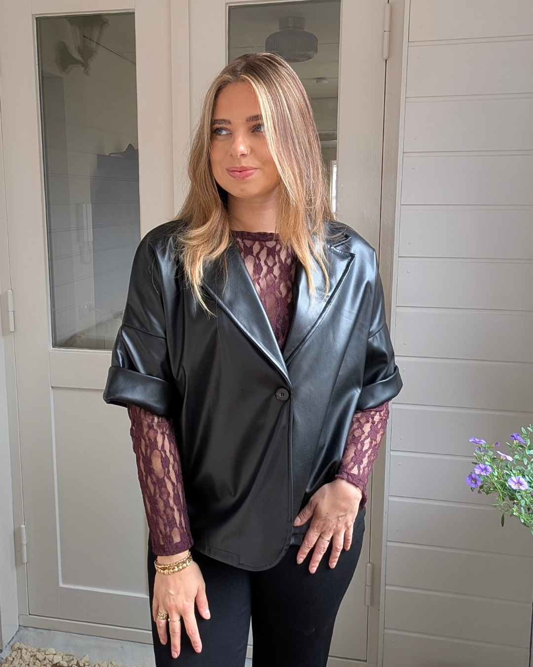 Liva Faux Leather short sleeve Blazer - Black