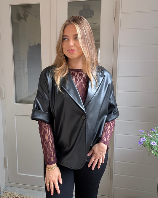 Liva Faux Leather short sleeve Blazer - Black