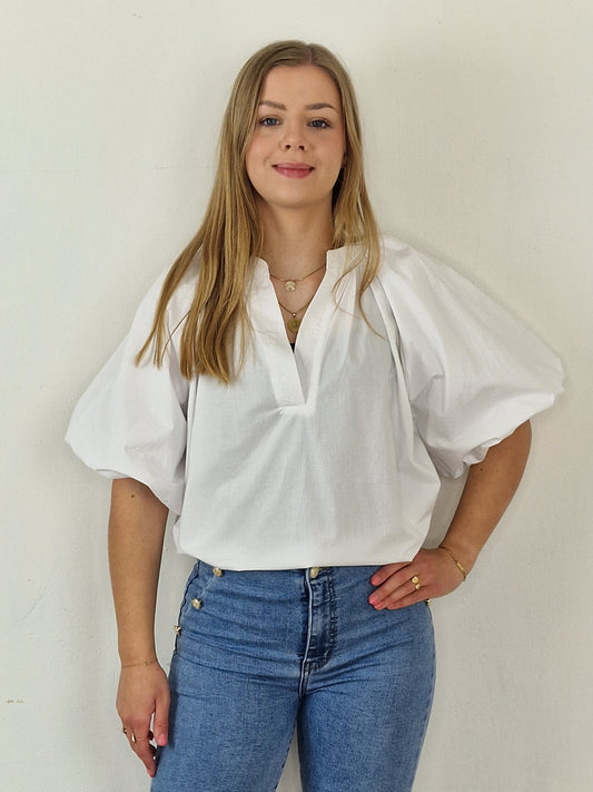Senna blouse met pof mouw en v-hals - White
