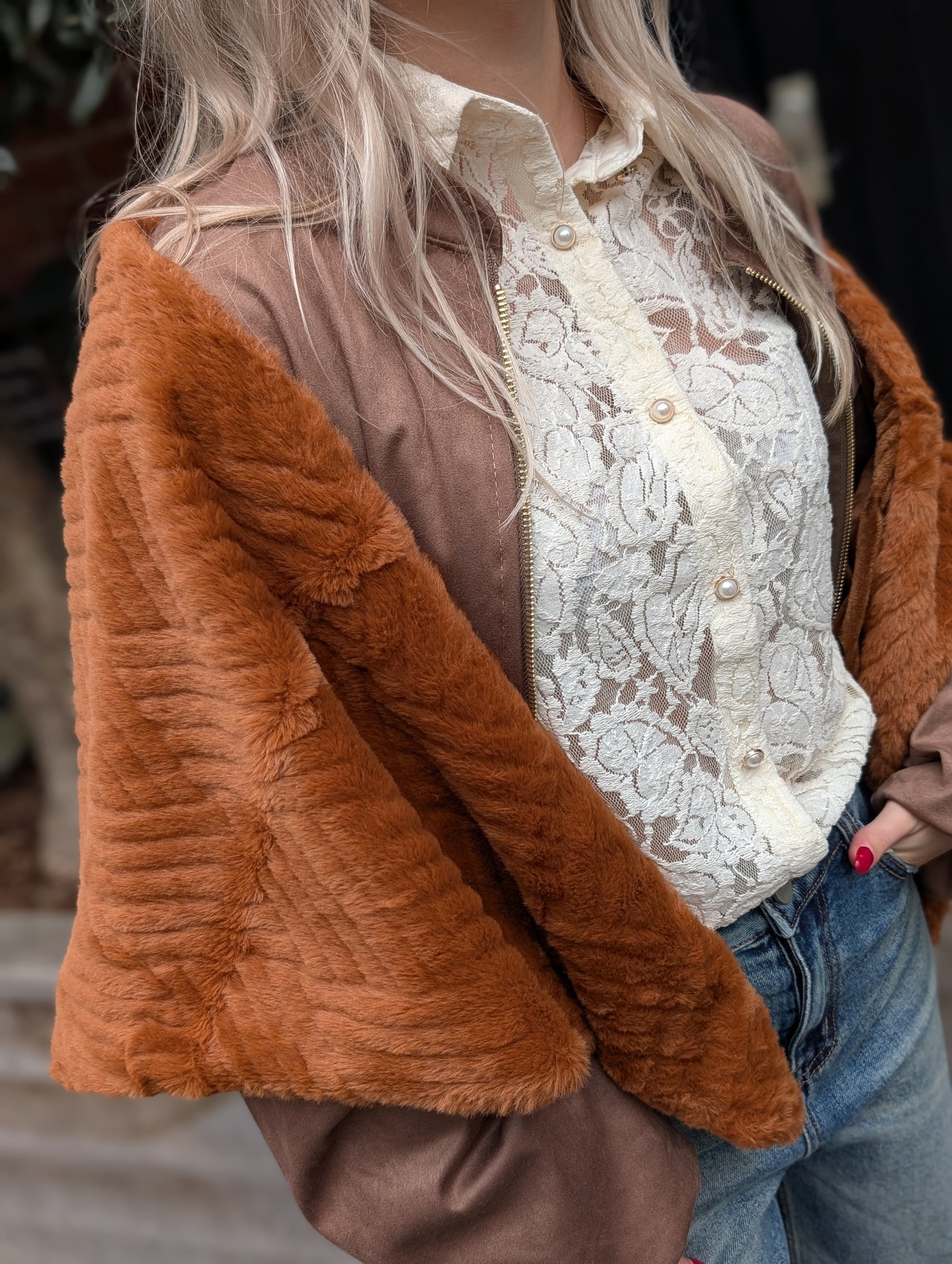 Fluffy punt sjaal met knoop - Terracotta