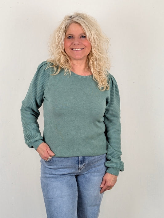 Emilia trui geribbelde mouwen - Zeegroen