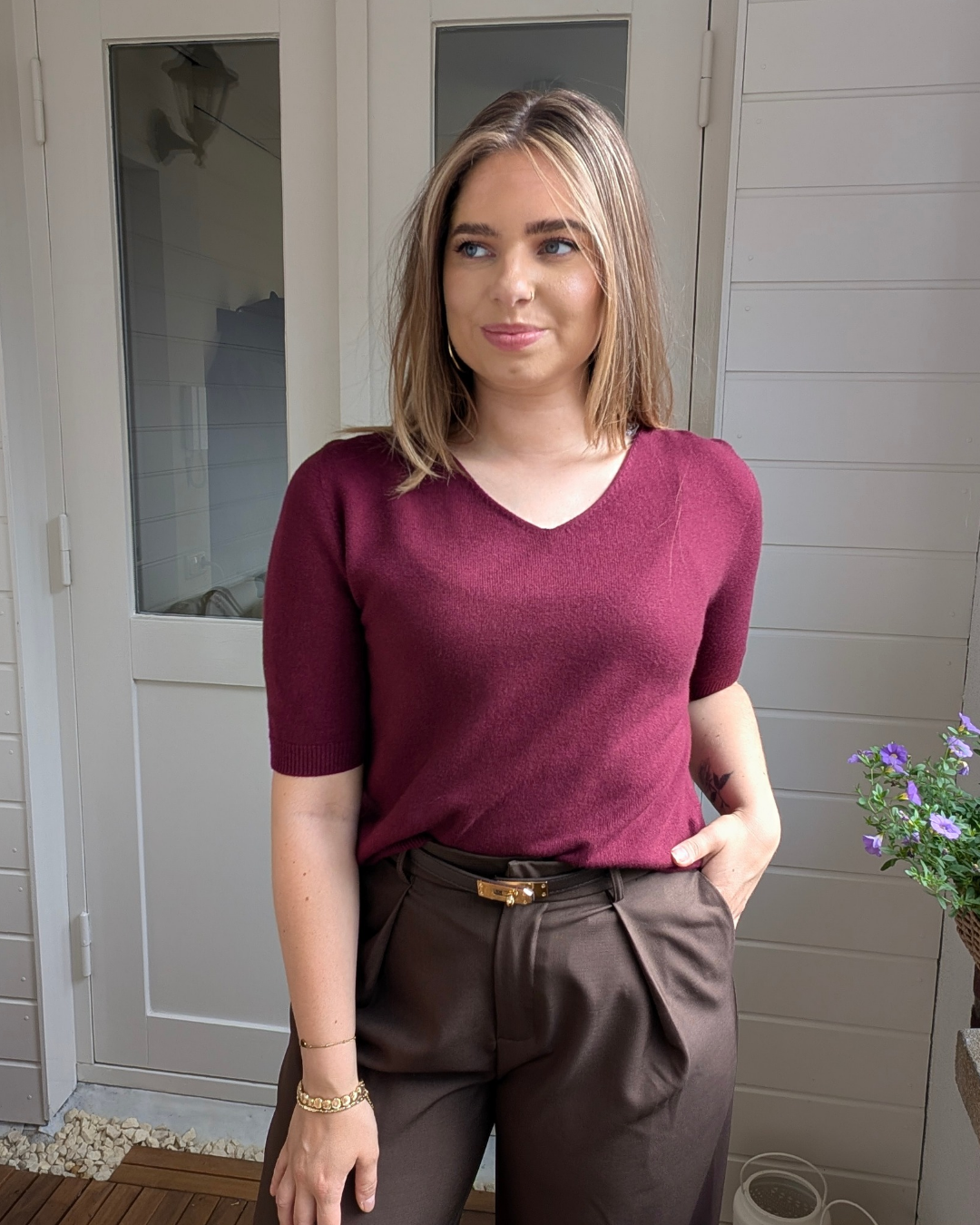 Mara shirt met v-hals - Bordeaux