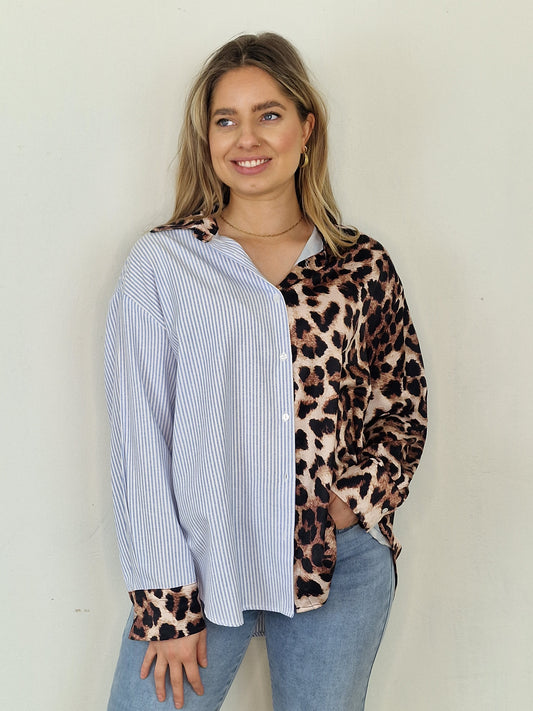 Su panter streep blouse - Blauw/ panter oversized