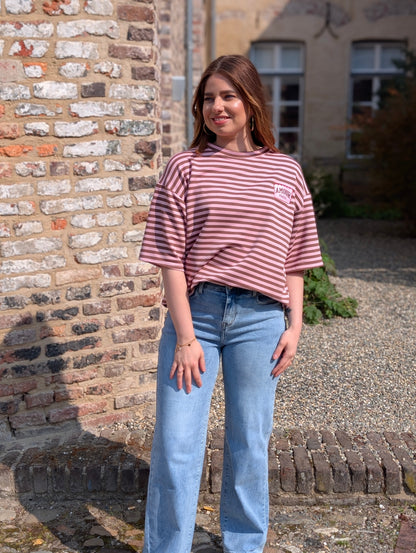 C’est l’Amour: Striped Oversized Knit - Bruin/Roze