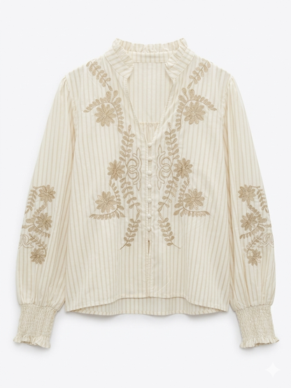 Linnea Stripe & Floral Top - Ecru/Beige