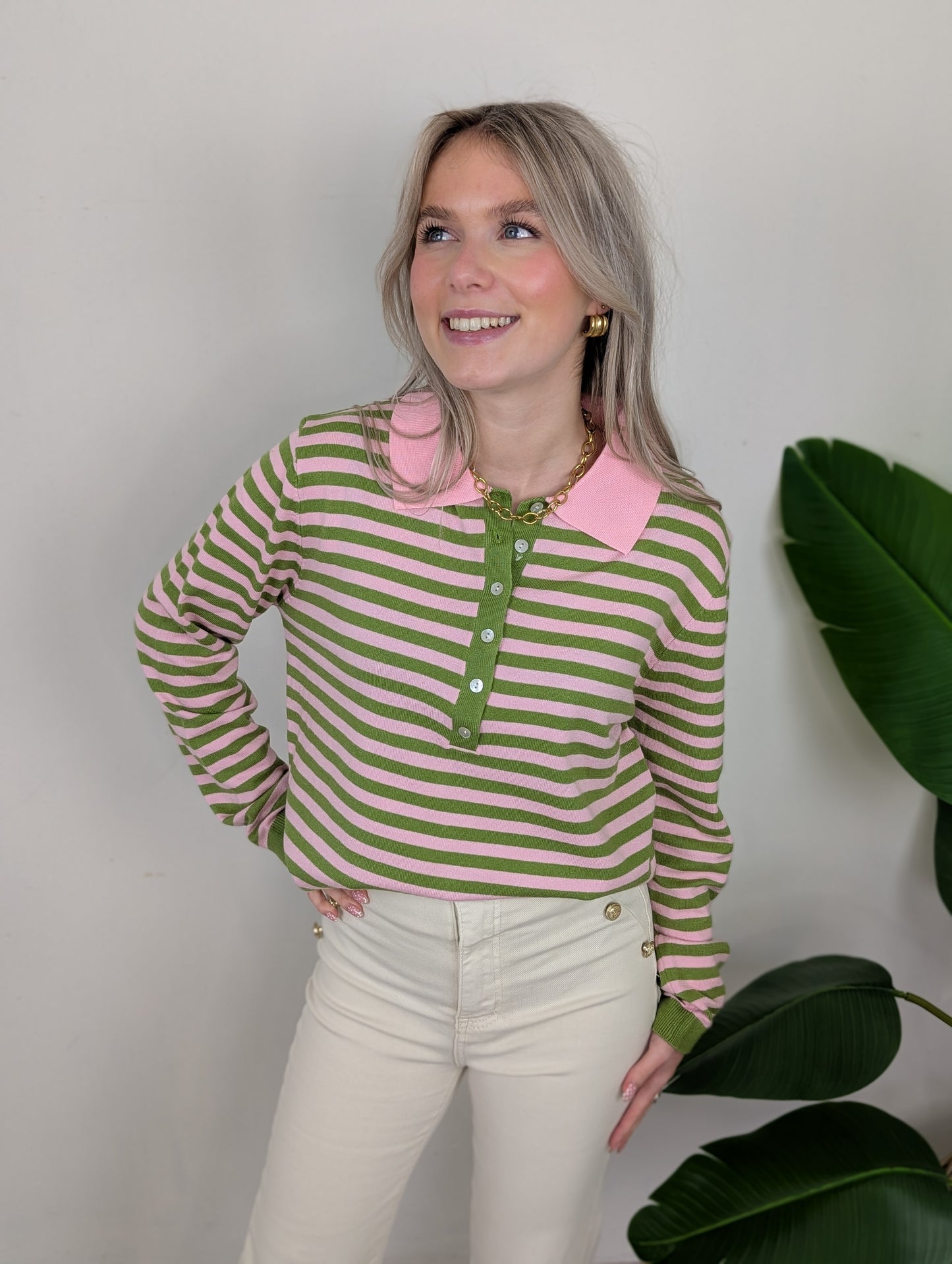 Gestreepte longsleeve polo - Groen/Roze