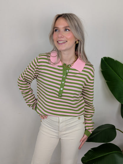 Gestreepte longsleeve polo - Groen/Roze