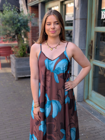 Bobby flower jurk - Bruin / aqua