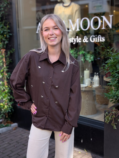 Maud blouse met zilverkleurige hartjes - Bruin