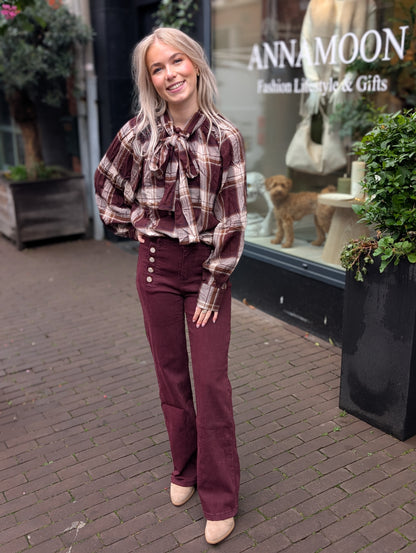 Geruitte strik blouse - Coffee