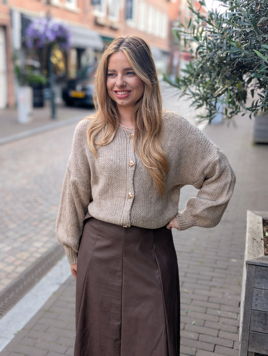 Hanny gebreid vest met hartjes knopen - Taupe