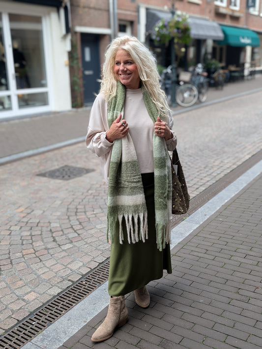 Sjaal met franjes - Groen/ ecru