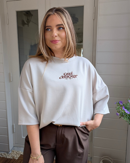 Oui Amour Short Sleeve Sweater - Beige/Bruin