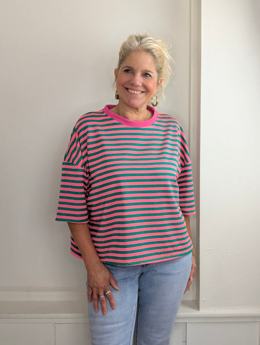 Gestreept shirt shimmer - Roze / groen