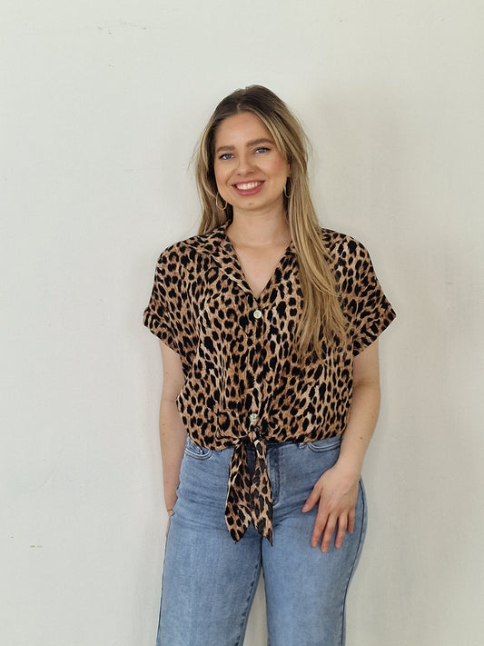 Nicole knoop blouse - Panter print bruin/ zwart