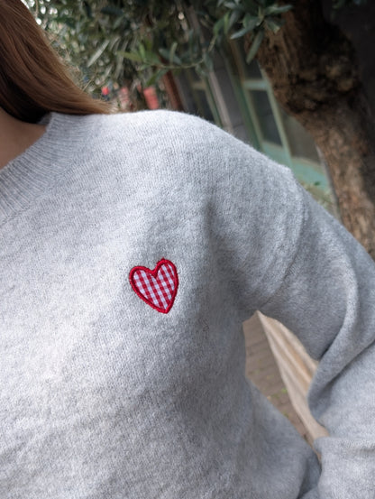 Louise hartjes sweater - Licht grijs / rood