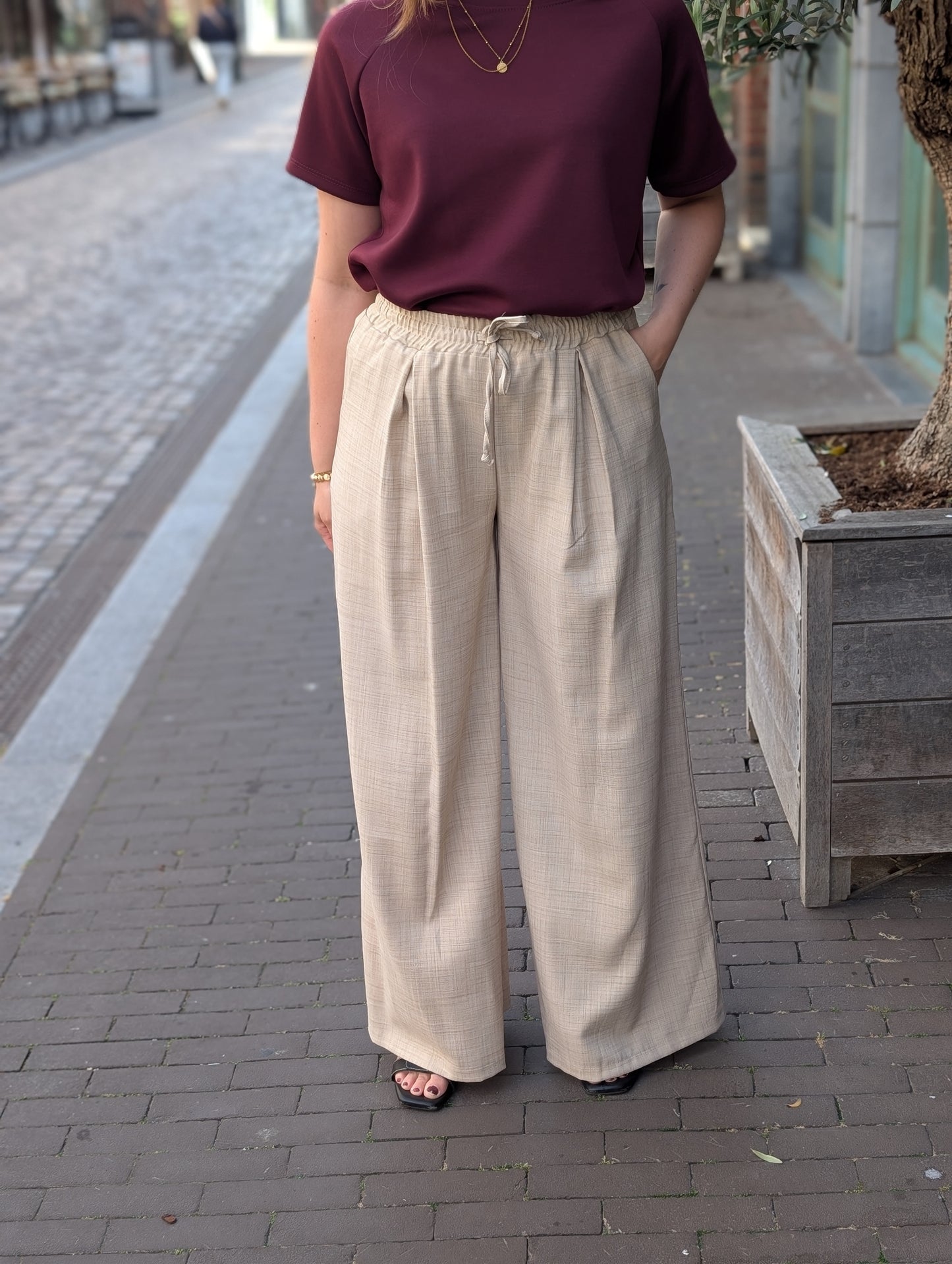 Lensy fijn ruitje pantalon - Beige