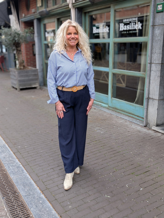 Daisi wide leg pantalon met riem - Donker blauw
