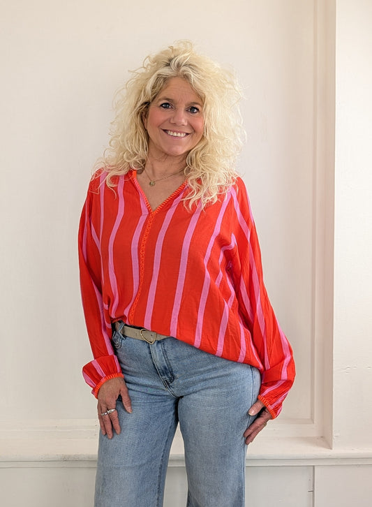 Ylay streep blouse - Rood/ roze