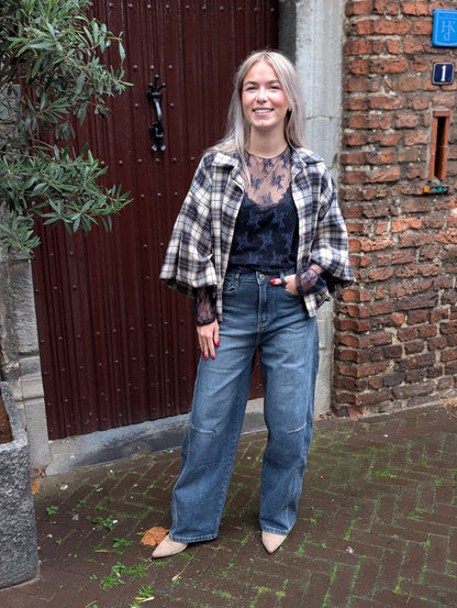 Bo ruiten blouse - Blauw / ecru / camel