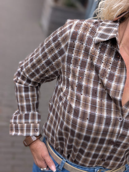 Leontine ruitjes blouse met glitterjes - Bruin tinten