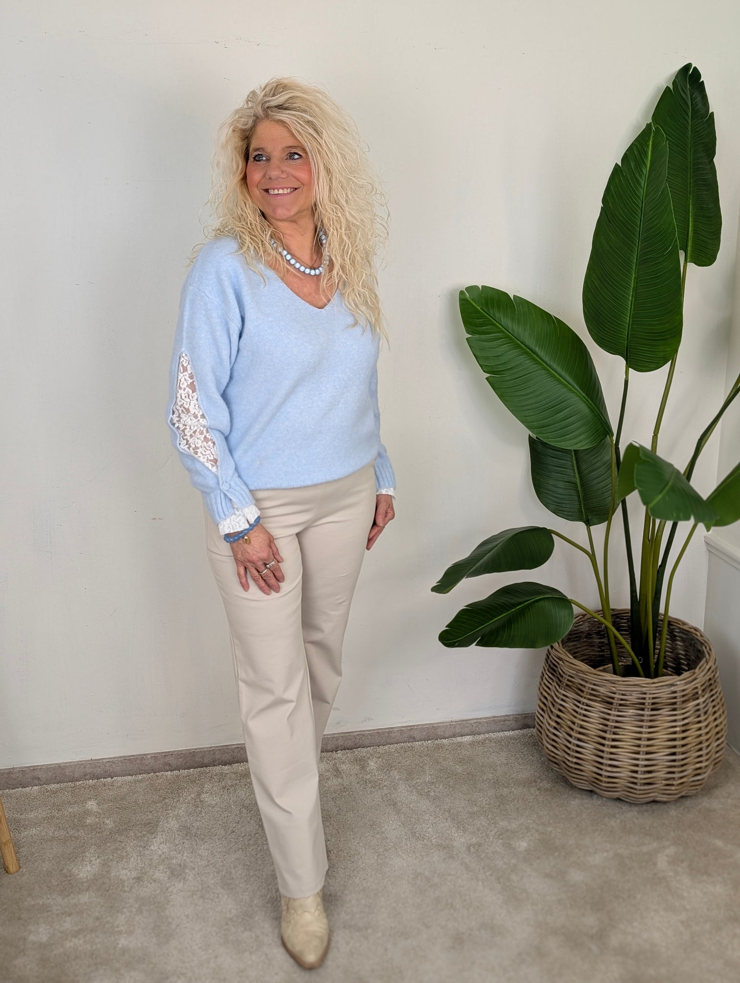 Lens trui met kant - Licht blauw