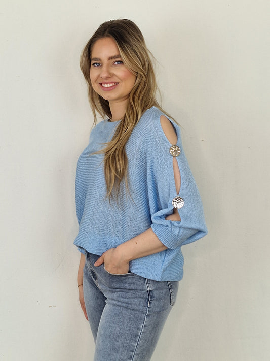 Nicole trui met open mouw en goudkleurige knopen - Licht blauw