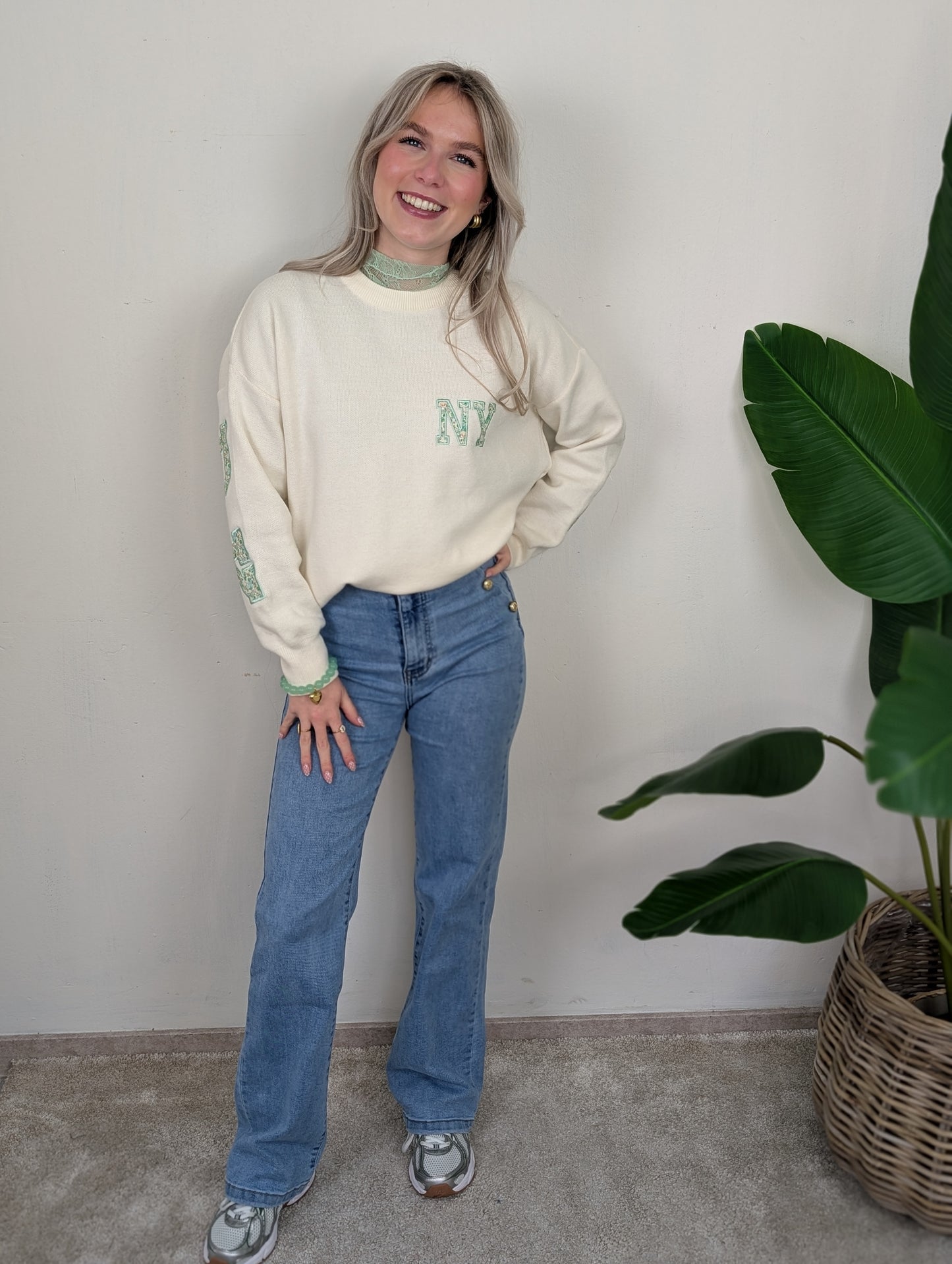 New York flower sweater - Ecru/Groen