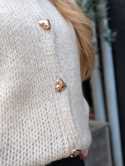 Amalia gebreid gilet met hartjes knopen - Beige