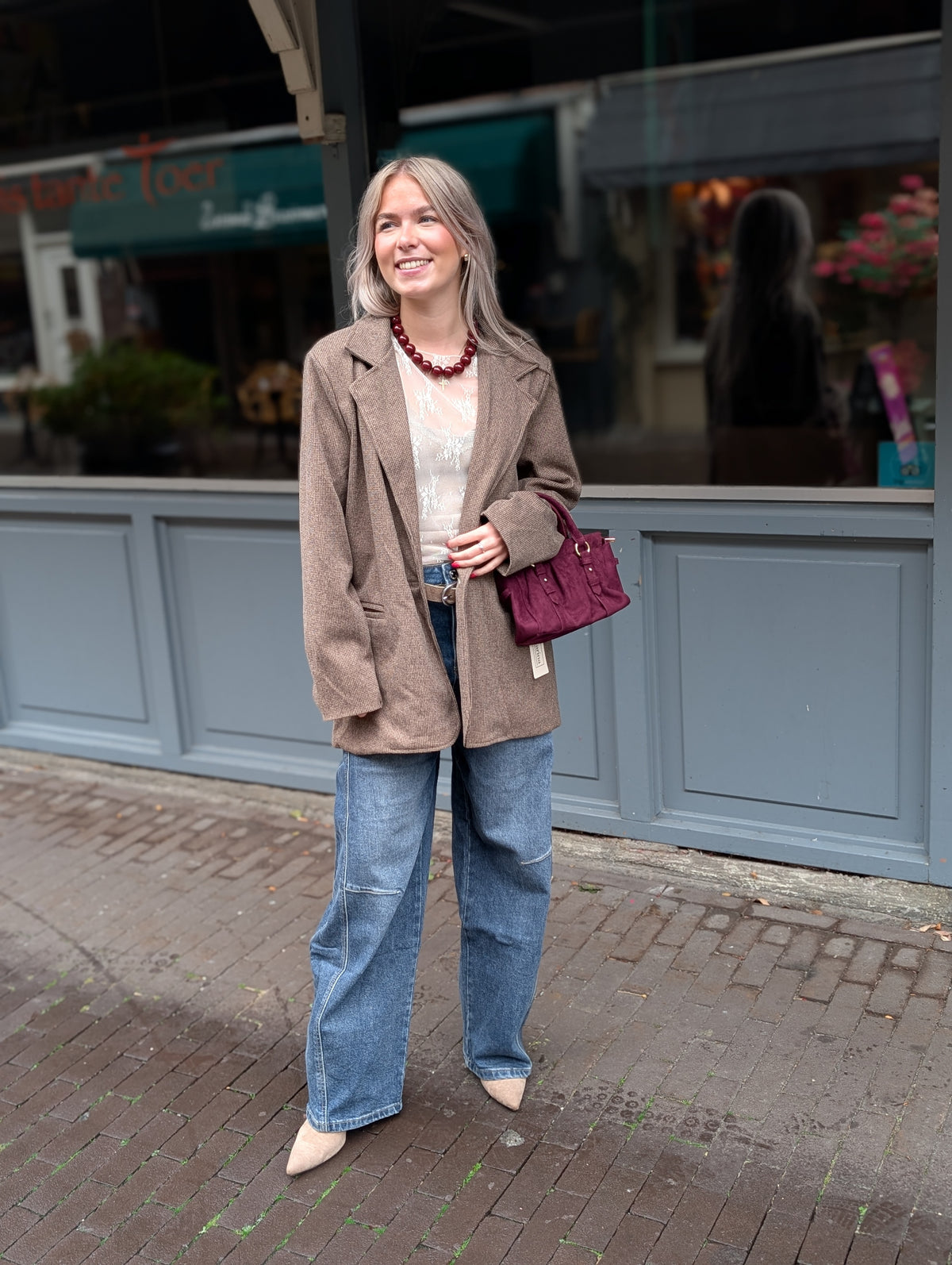 Rio ruiten blazer - Bruin / ecru