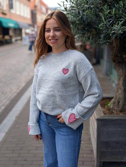 Louise hartjes sweater - Licht grijs / rood