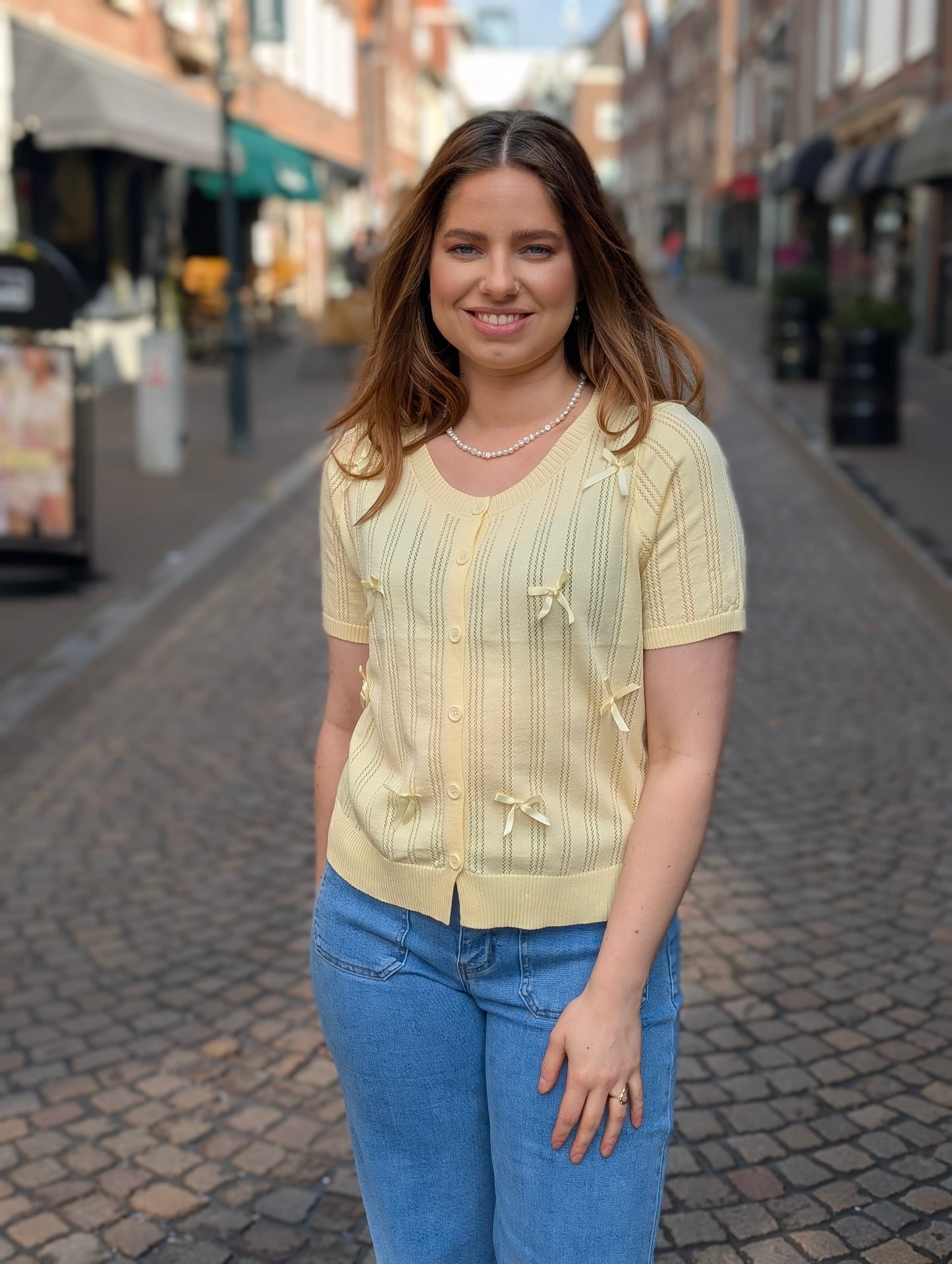 Strikjes vest korte mouw Pauline - Geel