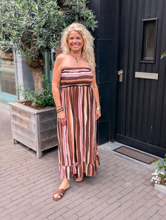 Off sholder stripe jurk - Roze / creme / bruin