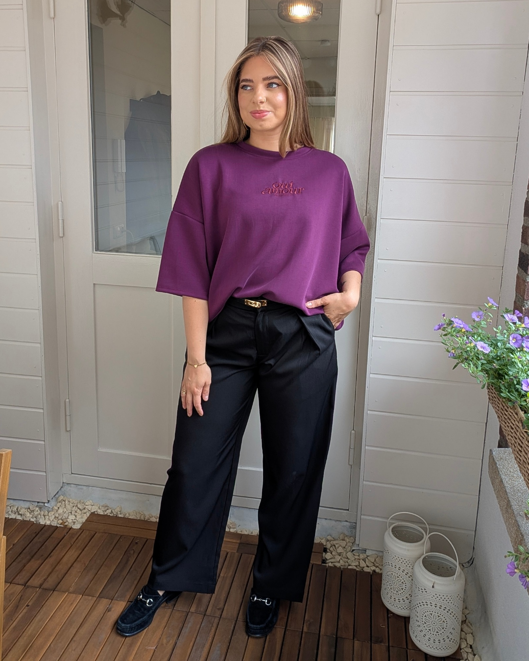 Oui Amour Short Sleeve Sweater - Aubergine/Bordeaux