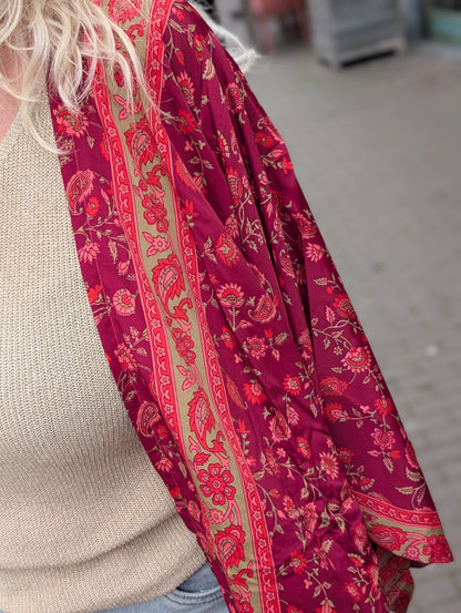 Lange kimono bloemen - Bordeaux/Rood