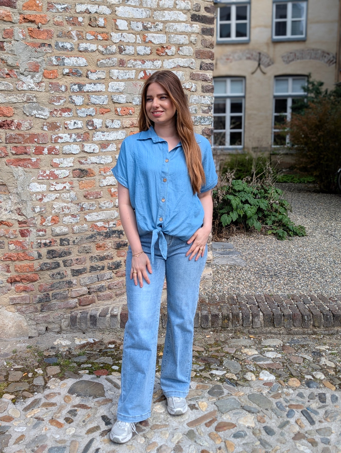 Jeans look knoop blouse - Blauw