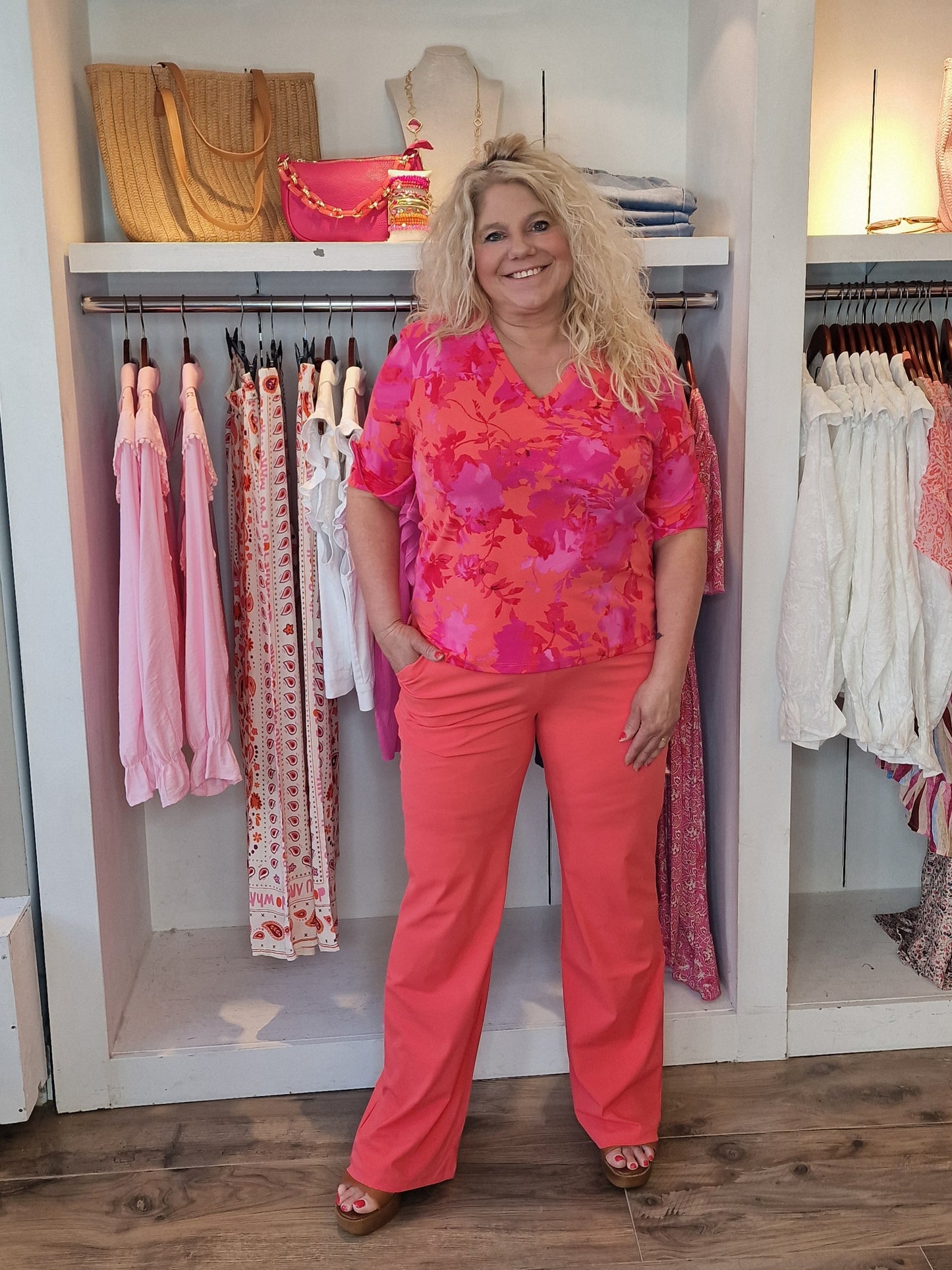 Mi piace travel kwaliteit wide leg broek - Koraal