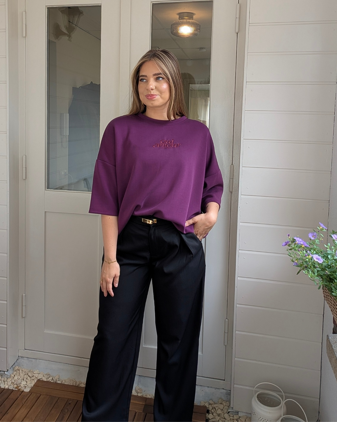 Oui Amour Short Sleeve Sweater - Aubergine/Bordeaux