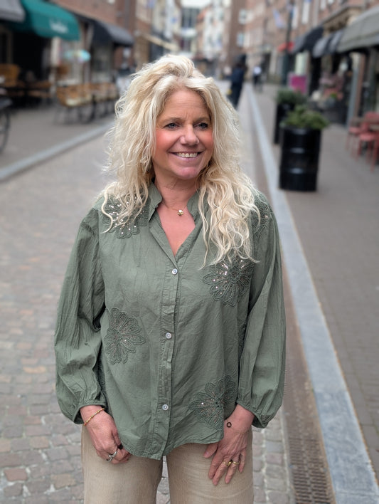 Katoenen bloem pailletten blouse Gina - Armygroen