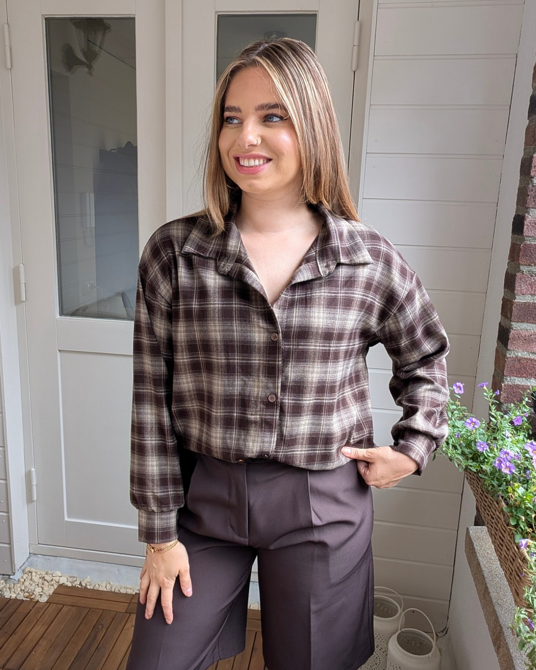 Geruite blouse Novi - Bruin