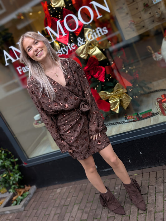 Hanney jurk met pailletten - Bruin