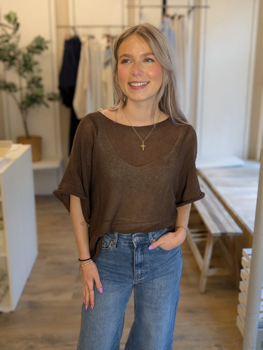 Gebreid katoenen basis shirt - Donkerbruin
